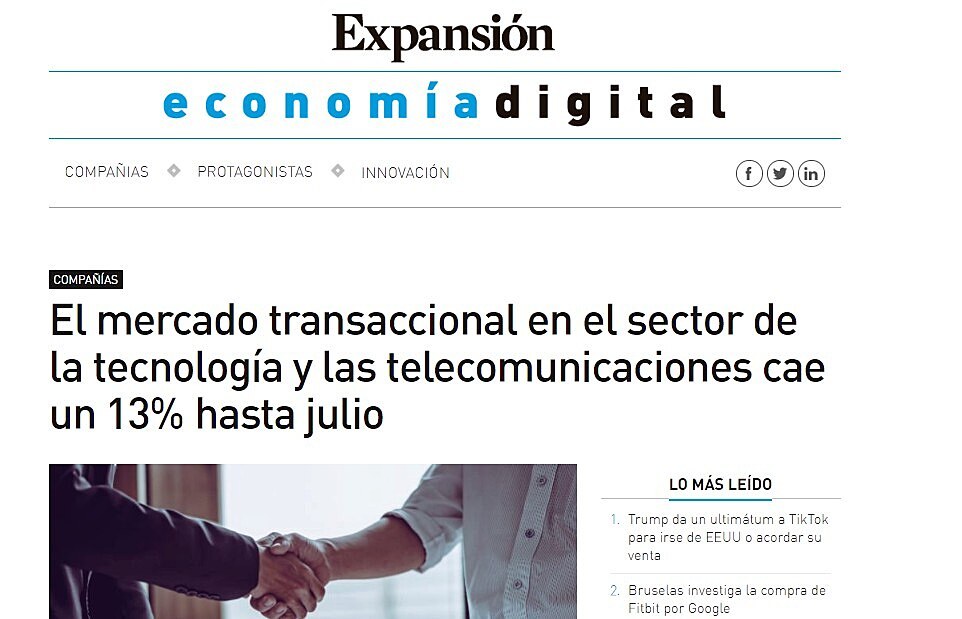 El mercado transaccional en el sector de la tecnologa y las telecomunicaciones cae un 13% hasta julio